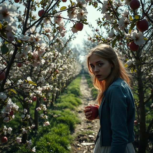 A captivating murder mystery scene in a vibrant apple orchard, where the sunlight filters through the branches of blossoming apple trees, with delicate pink and white flowers