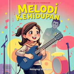 A modern cartoon-style book cover for 'Melodi Kehidupan,' showcasing Hana Pradipta, a young woman with bright, expressive eyes, passionately playing a guitar