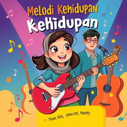 A modern cartoon-style book cover for 'Melodi Kehidupan,' showcasing Hana Pradipta, a young woman with bright, expressive eyes, passionately playing a guitar