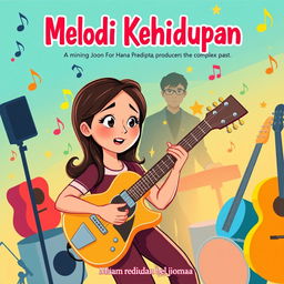A modern cartoon-style book cover for 'Melodi Kehidupan,' showcasing Hana Pradipta, a young woman with bright, expressive eyes, passionately playing a guitar