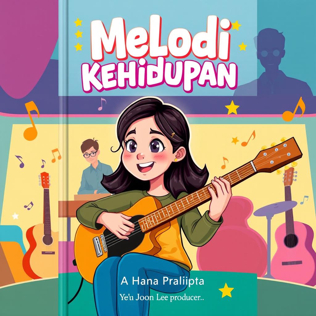 A modern cartoon-style book cover for 'Melodi Kehidupan,' showcasing Hana Pradipta, a young woman with bright, expressive eyes, passionately playing a guitar