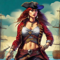 An impressive digital art image showcasing a badass pirate woman