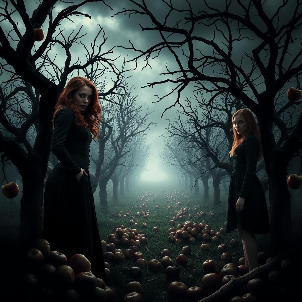 A dark and suspenseful murder scene set in a shadowy apple orchard, where twisted branches loom over the ground covered in fallen apples