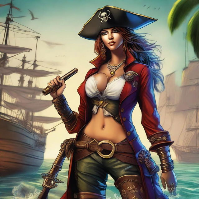 An impressive digital art image showcasing a badass pirate woman