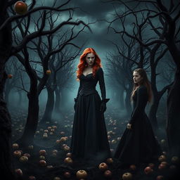 A dark and suspenseful murder scene set in a shadowy apple orchard, where twisted branches loom over the ground covered in fallen apples