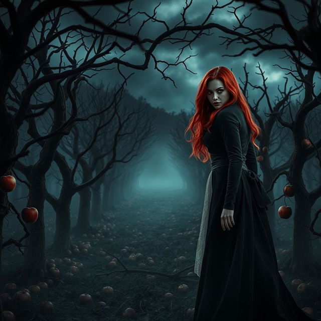 A dark and suspenseful murder scene set in a shadowy apple orchard, where twisted branches loom over the ground covered in fallen apples