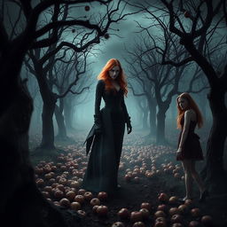 A dark and suspenseful murder scene set in a shadowy apple orchard, where twisted branches loom over the ground covered in fallen apples