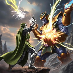 A dramatic battle scene featuring Doctor Doom and Thanos engaging in an epic fight