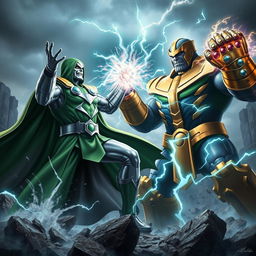 A dramatic battle scene featuring Doctor Doom and Thanos engaging in an epic fight