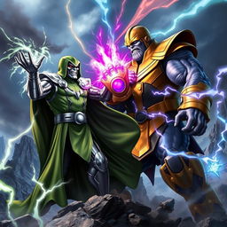 A dramatic battle scene featuring Doctor Doom and Thanos engaging in an epic fight