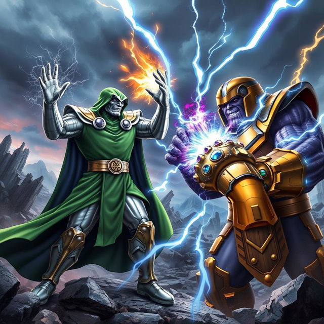 A dramatic battle scene featuring Doctor Doom and Thanos engaging in an epic fight