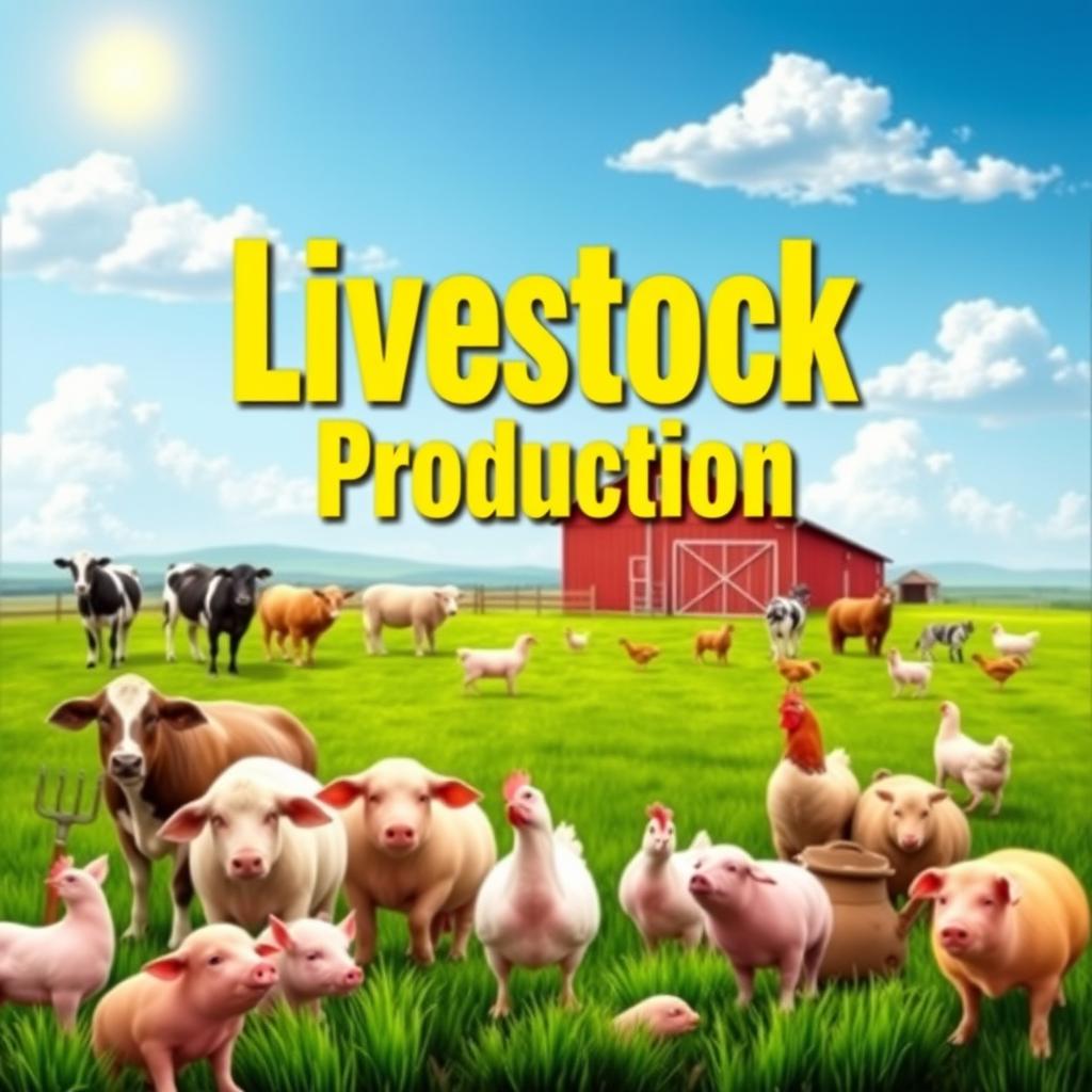 A vibrant and engaging cover design for a livestock production page, featuring a wide variety of farm animals such as cows, sheep, pigs, and chickens in a pastoral setting