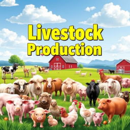 A vibrant and engaging cover design for a livestock production page, featuring a wide variety of farm animals such as cows, sheep, pigs, and chickens in a pastoral setting