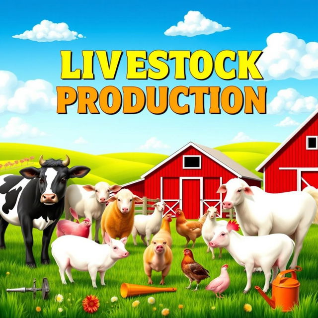 A vibrant and engaging cover design for a livestock production page, featuring a wide variety of farm animals such as cows, sheep, pigs, and chickens in a pastoral setting