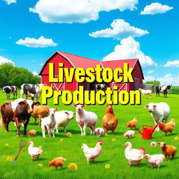 A vibrant and engaging cover design for a livestock production page, featuring a wide variety of farm animals such as cows, sheep, pigs, and chickens in a pastoral setting