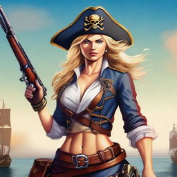 This is a high-quality digital art image featuring a badass blonde female pirate