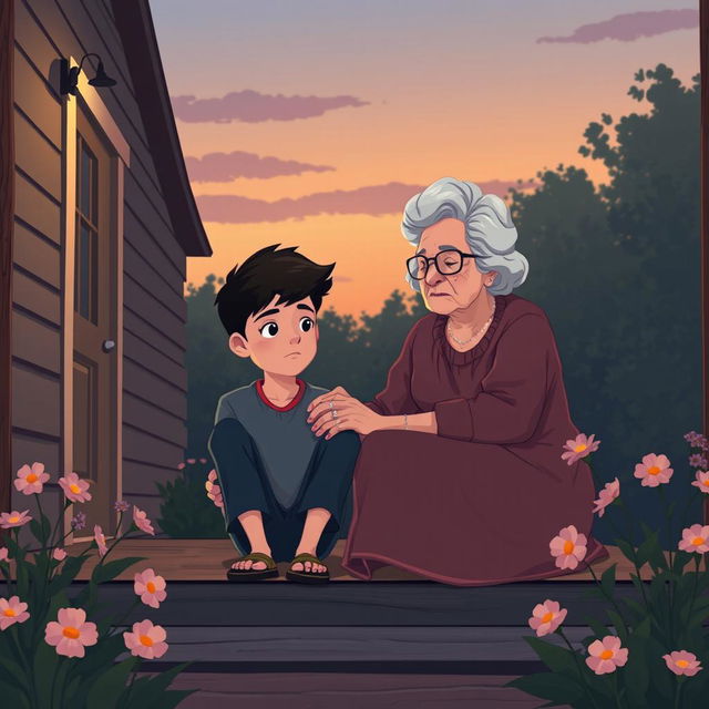 An illustration depicting a teenage boy who is feeling isolated from his family, sitting alone on a wooden porch of a modest home under a soft twilight sky