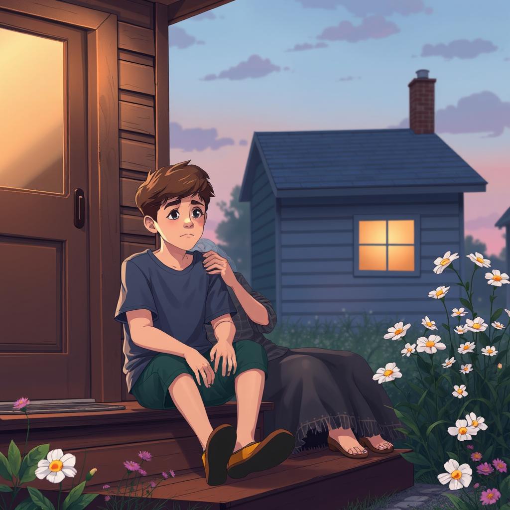 An illustration depicting a teenage boy who is feeling isolated from his family, sitting alone on a wooden porch of a modest home under a soft twilight sky