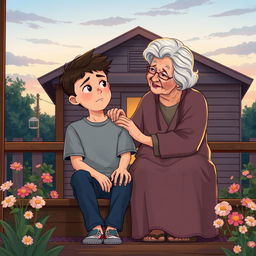 An illustration depicting a teenage boy who is feeling isolated from his family, sitting alone on a wooden porch of a modest home under a soft twilight sky