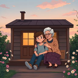 An illustration depicting a teenage boy who is feeling isolated from his family, sitting alone on a wooden porch of a modest home under a soft twilight sky