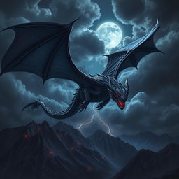 A majestic black dragon soaring through a stormy night sky, with glowing red eyes and sharp, glimmering scales that reflect the moonlight