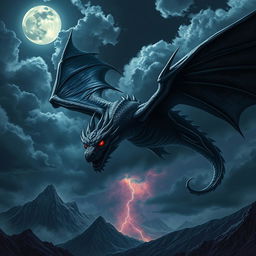 A majestic black dragon soaring through a stormy night sky, with glowing red eyes and sharp, glimmering scales that reflect the moonlight