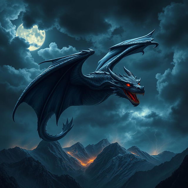 A majestic black dragon soaring through a stormy night sky, with glowing red eyes and sharp, glimmering scales that reflect the moonlight