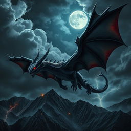 A majestic black dragon soaring through a stormy night sky, with glowing red eyes and sharp, glimmering scales that reflect the moonlight