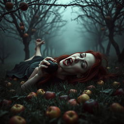 A dark and atmospheric scene set in a haunting apple orchard, with twisted branches crisscrossing overhead, and thick mist clinging to the ground