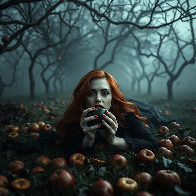 A dark and atmospheric scene set in a haunting apple orchard, with twisted branches crisscrossing overhead, and thick mist clinging to the ground