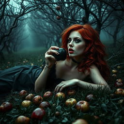 A dark and atmospheric scene set in a haunting apple orchard, with twisted branches crisscrossing overhead, and thick mist clinging to the ground