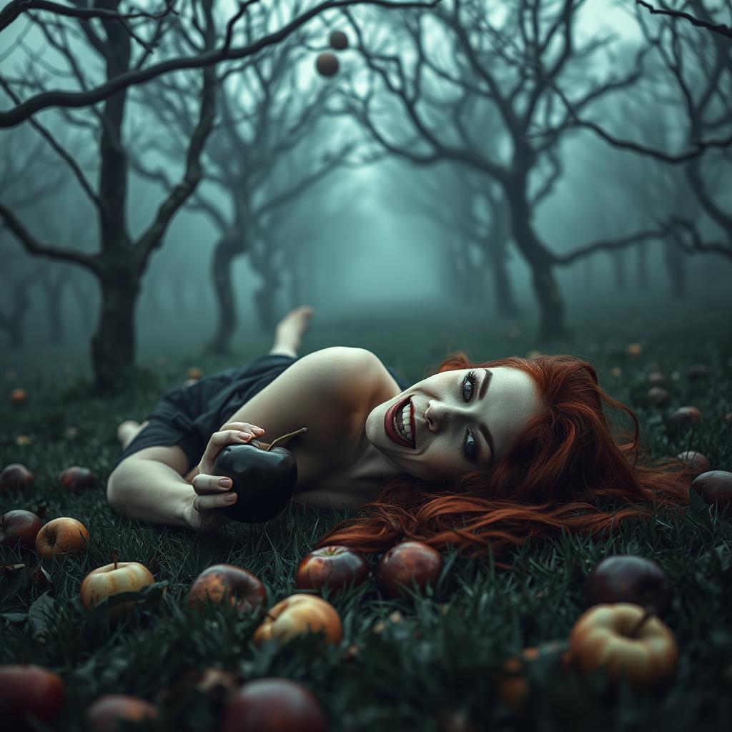 A dark and atmospheric scene set in a haunting apple orchard, with twisted branches crisscrossing overhead, and thick mist clinging to the ground