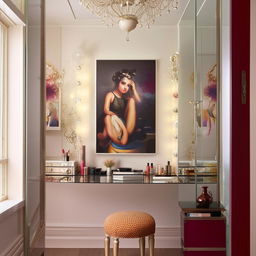 An elegantly decorated room featuring a large, eye-catching painting, a sophisticated almirah, and a well-equipped makeup spot.