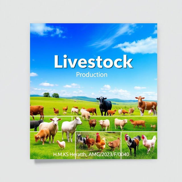 A visually appealing cover page design for a livestock production report featuring a collage of vibrant images depicting various livestock animals such as cows, sheep, pigs, and chickens in a picturesque farm setting