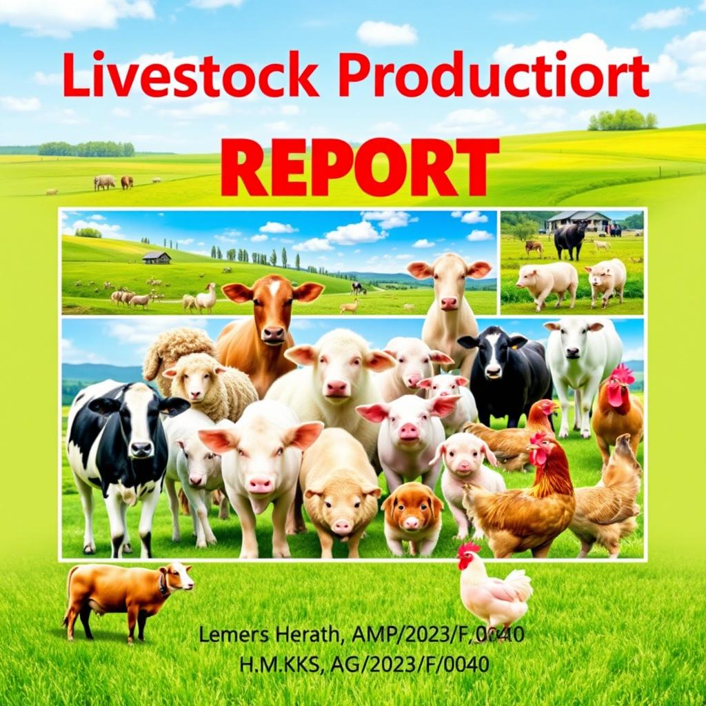 A visually appealing cover page design for a livestock production report featuring a collage of vibrant images depicting various livestock animals such as cows, sheep, pigs, and chickens in a picturesque farm setting