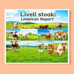 A visually appealing cover page design for a livestock production report featuring a collage of vibrant images depicting various livestock animals such as cows, sheep, pigs, and chickens in a picturesque farm setting