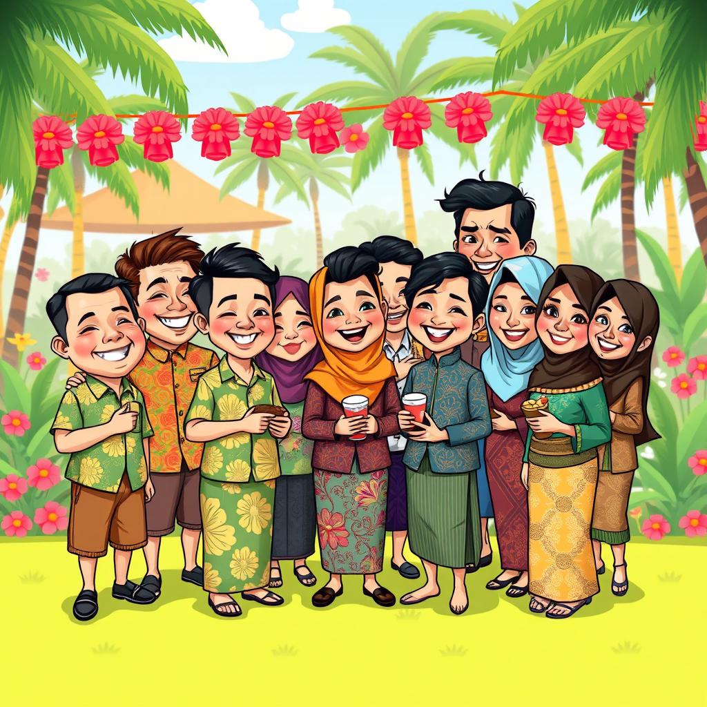 A playful cartoon drawing of a cheerful group of people in traditional Indonesian attire