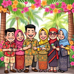 A playful cartoon drawing of a cheerful group of people in traditional Indonesian attire