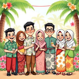A playful cartoon drawing of a cheerful group of people in traditional Indonesian attire