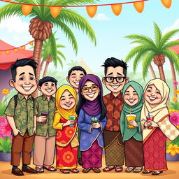 A playful cartoon drawing of a cheerful group of people in traditional Indonesian attire