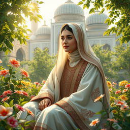 A beautifully detailed and serene portrayal of Hazrat Zainab, wearing traditional attire adorned with intricate patterns and embellishments, sitting gracefully in a lush garden