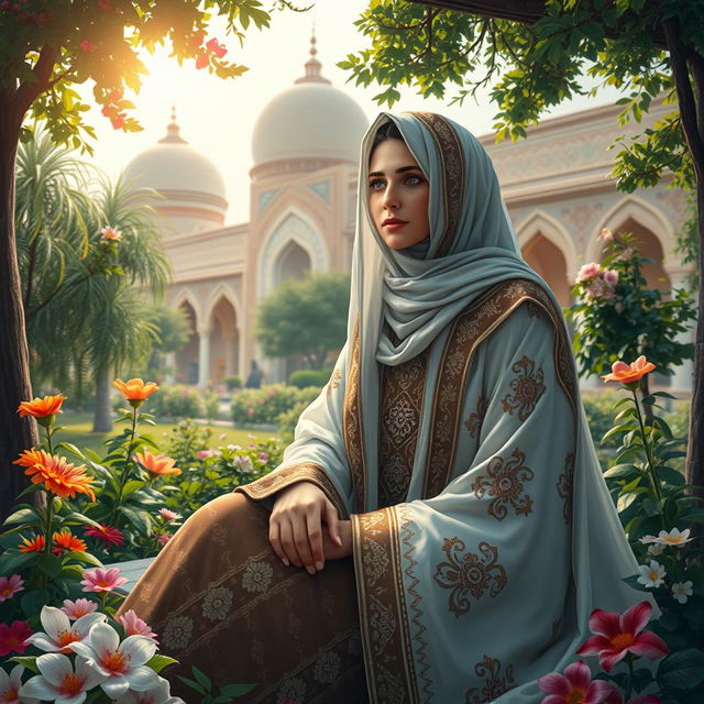 A beautifully detailed and serene portrayal of Hazrat Zainab, wearing traditional attire adorned with intricate patterns and embellishments, sitting gracefully in a lush garden