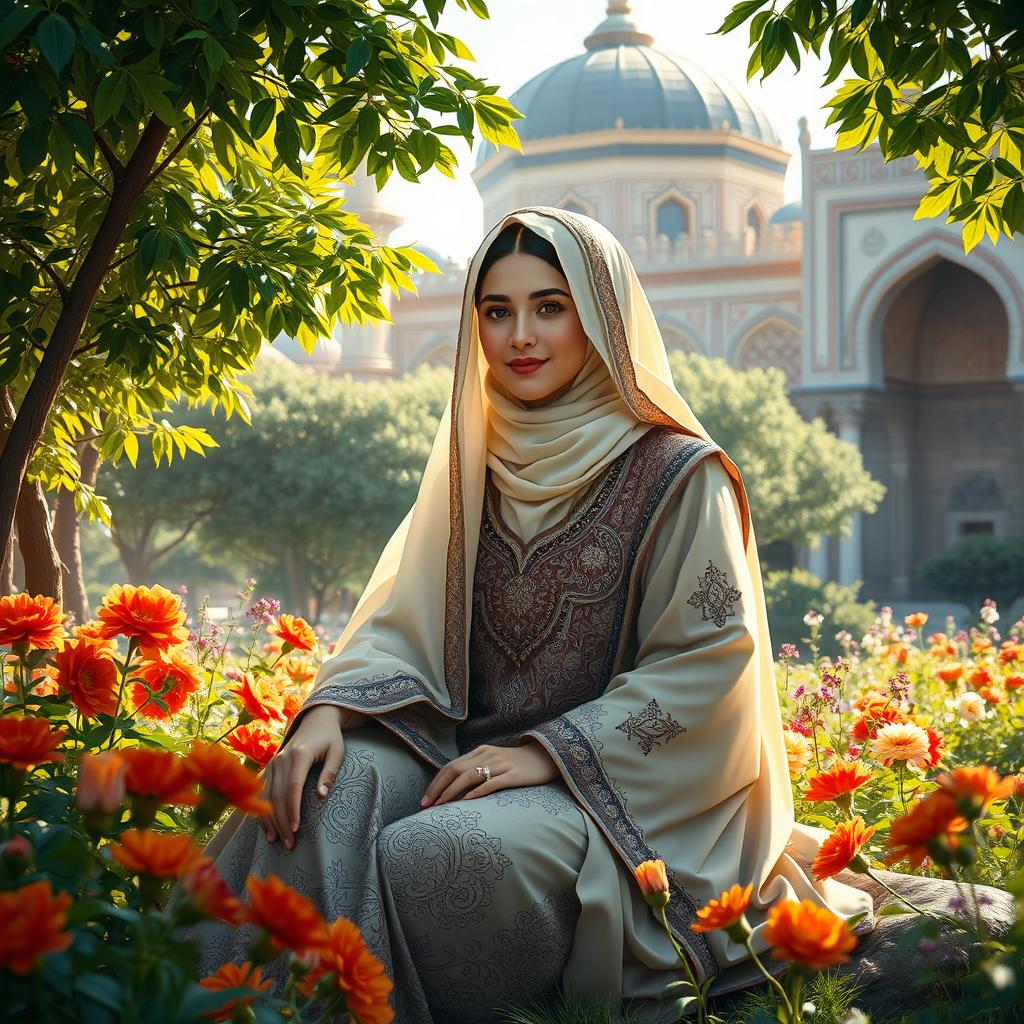 A beautifully detailed and serene portrayal of Hazrat Zainab, wearing traditional attire adorned with intricate patterns and embellishments, sitting gracefully in a lush garden