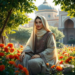 A beautifully detailed and serene portrayal of Hazrat Zainab, wearing traditional attire adorned with intricate patterns and embellishments, sitting gracefully in a lush garden
