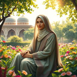 A beautifully detailed and serene portrayal of Hazrat Zainab, wearing traditional attire adorned with intricate patterns and embellishments, sitting gracefully in a lush garden