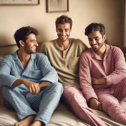 An image of four male friends, aged between 20 and 30, lounging in a cozy bedroom setting