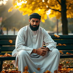 An evocative image of a Muslim man experiencing hardship, sitting alone on a park bench with a look of contemplation and sadness