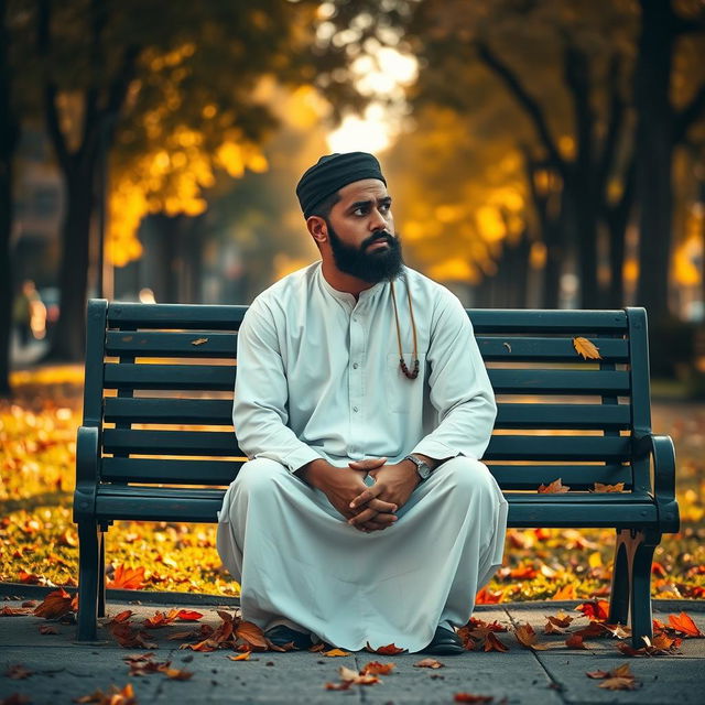 An evocative image of a Muslim man experiencing hardship, sitting alone on a park bench with a look of contemplation and sadness