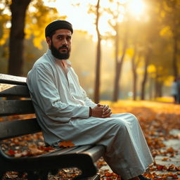 An evocative image of a Muslim man experiencing hardship, sitting alone on a park bench with a look of contemplation and sadness