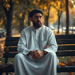 An evocative image of a Muslim man experiencing hardship, sitting alone on a park bench with a look of contemplation and sadness